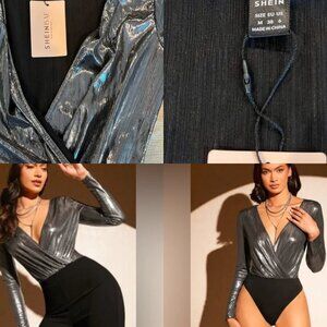 SHEIN Metallic Silver and Black Bodysuit